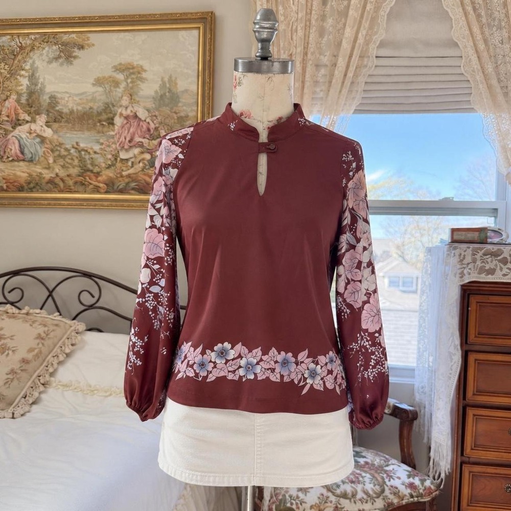 70s floral top  Vintage 70s brown blouse